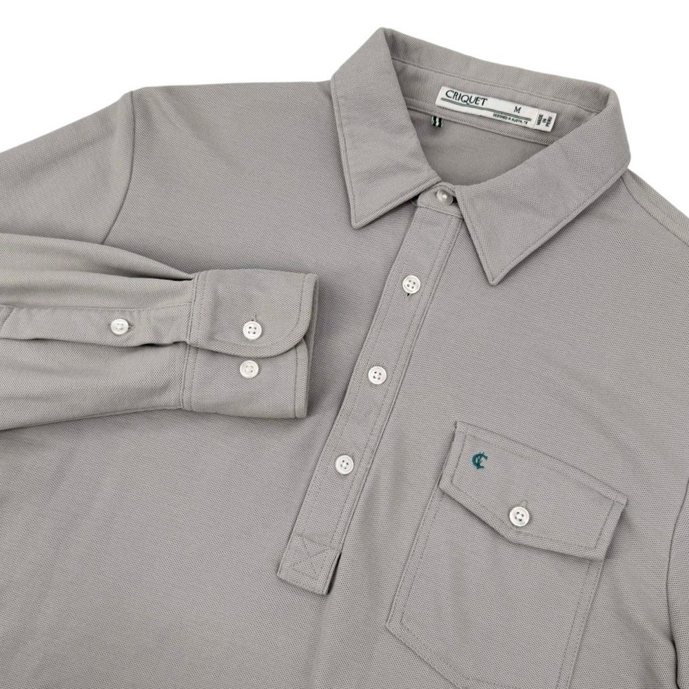 Criquet Mens Medium Long Sleeve Polo Shirt Gray Pima Cotton Pique Pocket Golf
